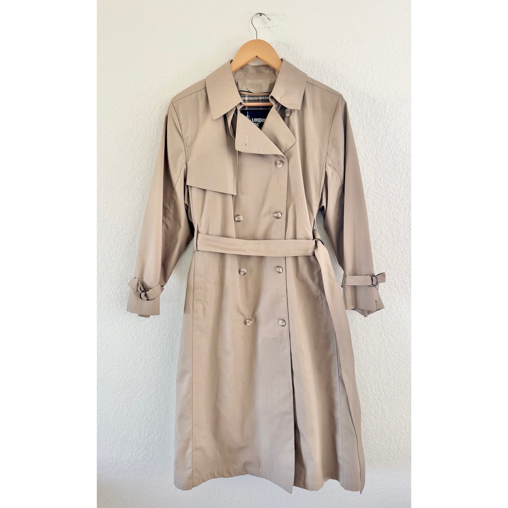 London Fog Trench Coat Cotton Blend Solid Beige Double Breasted Vintage